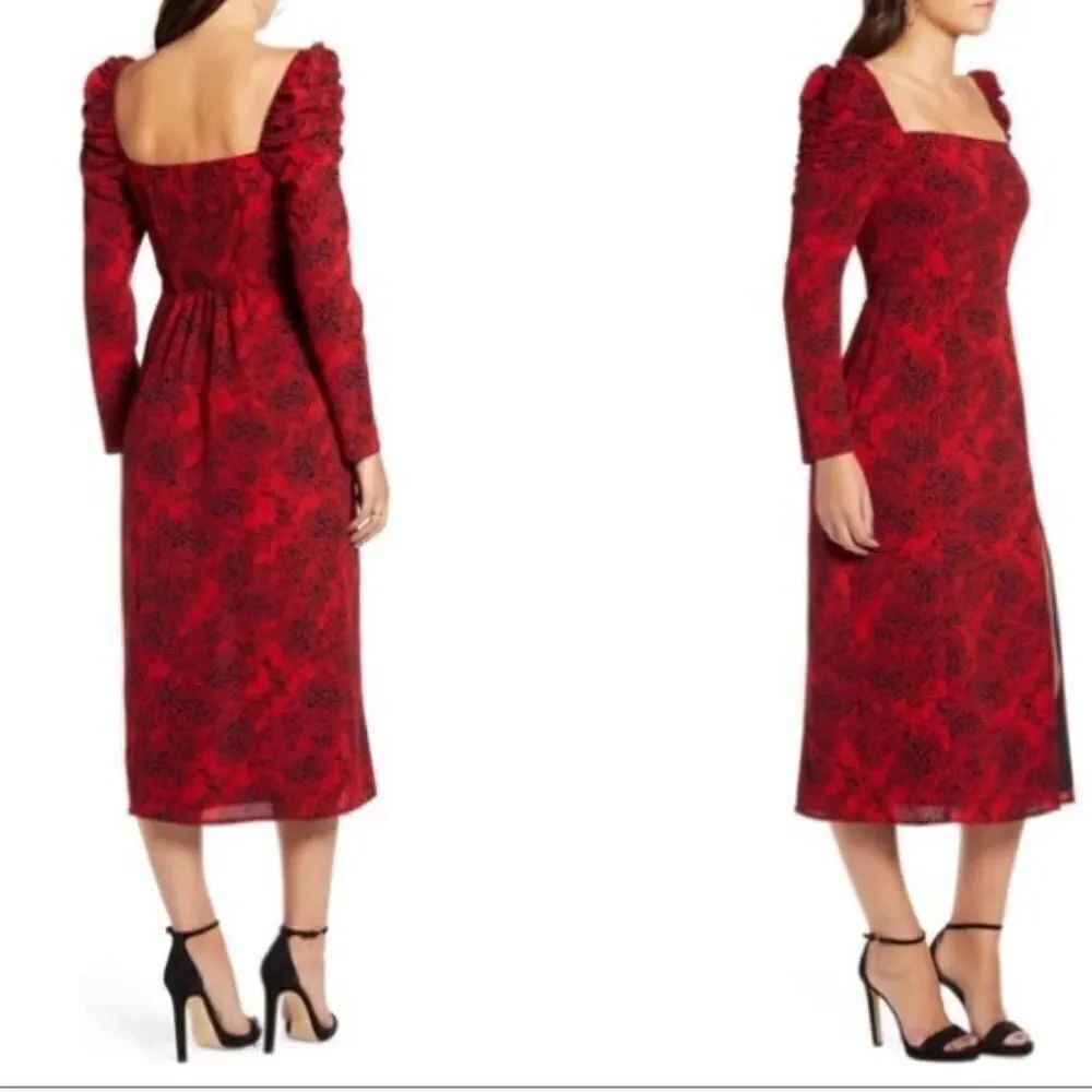 Leith Red Spatter Print Square Neck Midi Dress size Small - NEW